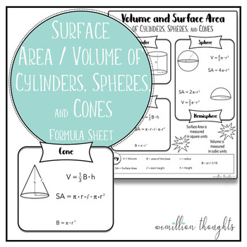 Preview of Cylinder, Sphere, and Cone Surface Area and Volume Formula Sheet