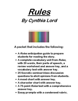 Preview of Cynthia Lord's Rules: Comprehensive Novel Unit with Worksheets, Tests, and Vocab