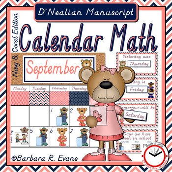 Preview of D'NEALIAN CALENDAR MATH Year Long Activities Coral and Navy Theme Decor