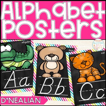 Preview of D'Nealian Alphabet Posters - Rainbow & Chalk Theme - Colorful Classroom Decor