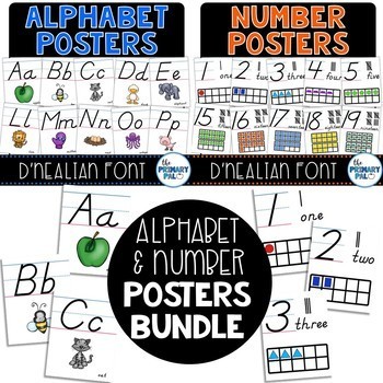 Preview of D'Nealian Alphabet and Number Posters Bundle
