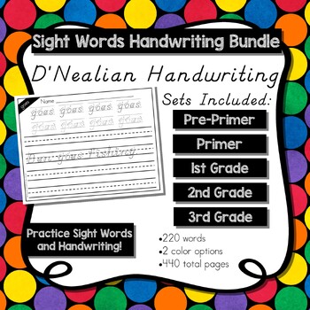 D'Nealian Handwriting Sight Word Worksheets Pre-Primer through Third Grade