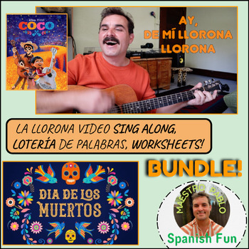 Preview of Día De Los Muertos Bundle! Song, Lotería de palabras and 4 Worksheets -2 Classes
