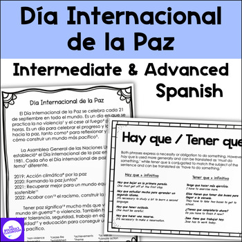 Preview of Día Internacional de la Paz Spanish Lesson | Hay que y tener que + infinitive