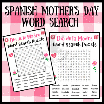 Preview of Día de la Madre SPANISH Mother day Word Search problem crossword activities 4th