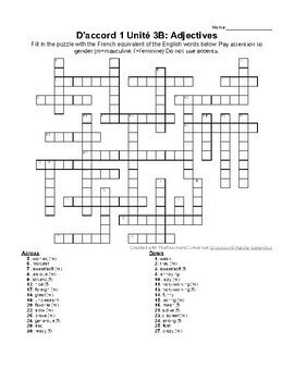 D #39 accord 1 Unité 3 Crossword puzzles: adjectives by Mme B #39 s French