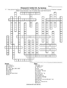 D #39 accord 2 Unité 5 Crossword puzzles by Mme B #39 s French Classroom