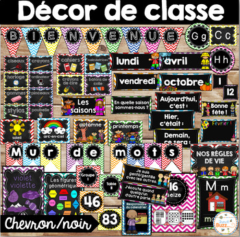 Preview of Décor de classe - Noir/chevron -French Classroom Decor Bundle