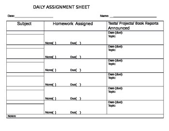 middle school homework assignment sheet