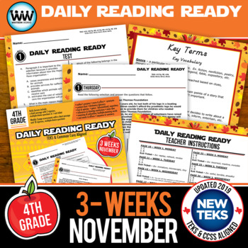Preview of 4th Grade Daily Reading Spiral Review for November New ELAR TEKS