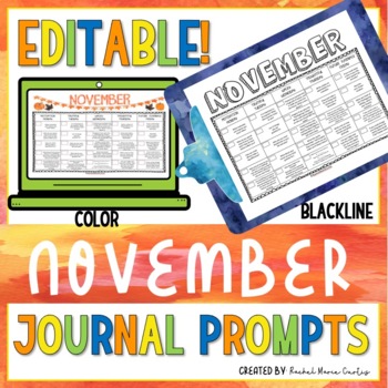 Preview of WRITING PROMPTS - November Editable Calendar Journal Prompts