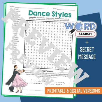 Preview of DANCE Word Search Puzzle Activity Vocabulary Worksheet With Secret Message