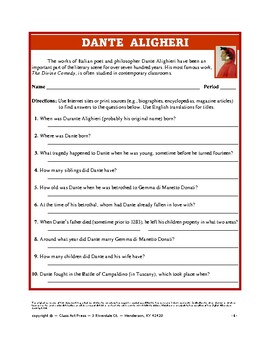 DANTE ALIGHIERI Webquest Worksheets Printables