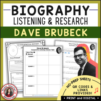Preview of Jazz Musician Worksheets - Dave Brubeck Biography Research & Music Listening