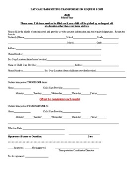 Preview of Day care/babysitting transportation request form (Editable & Fillable resource)