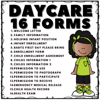 Preview of DAYCARE CHILD CARE FORMS- GIRL IN GREEN DESIGN
