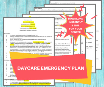 Preview of DAYCARE EMERGENCY PLANS / Childcare Center Printable Daycare Forms