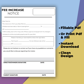 Preview of DAYCARE FEE INCREASE Notice Form , Tuition Rate Increase Letter, Childcare Forms