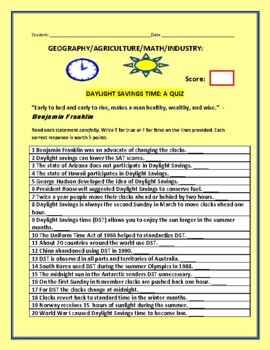 Preview of DAYLIGHT SAVINGS TIME: A T/F QUIZ  W/ANS. KEY   GRS. 5-12, ADULTS, GEOGRAPHY