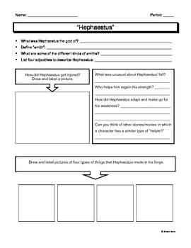 D'Aulaires Mythology Worksheet - Hephaestus by Alison Nero | TpT