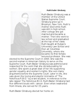 Preview of DBQ - Biography of Ruth Bader Ginsburg w/ KEY
