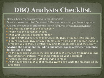 Preview of DBQ Document Analysis Charts & Checklists