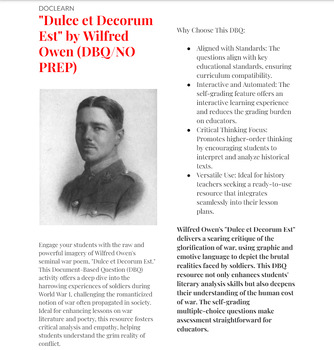 Preview of DBQ: "Dulce et Decorum Est" by Wilfred Owen Unveiling the Horrors of War NO PREP