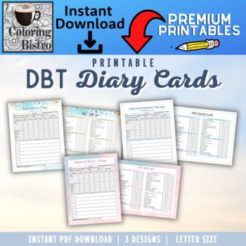 Preview of DBT Diary Cards Printable for Adults, dialectical behavior therapy reference PDF