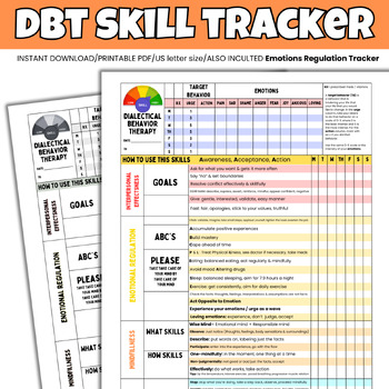 Preview of DBT Skills Tracker Printable US Letter Size | Therapy Worksheet Dialectical DBT