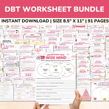 Preview of DBT Worksheets Bundle-91 pgs-DBT Coping Skills Worksheets-Trauma Therapist Gift