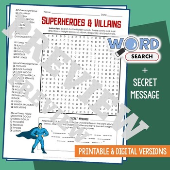 Preview of DC & MARVEL SUPERHEROES Word Search Puzzle Activity Vocabulary Worksheet