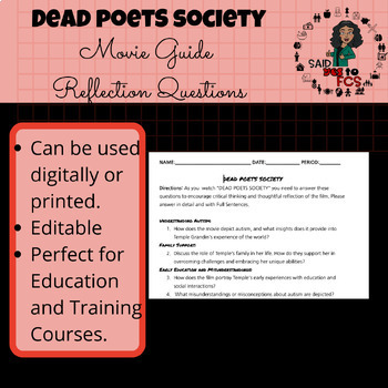 Preview of DEAD POETS SOCIETY Reflection Questions/Movie Guide (IPET)