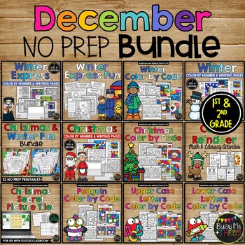 Preview of DECEMBER No Prep Printables Activities BUNDLE Math and ELA for 1st and 2nd Grade