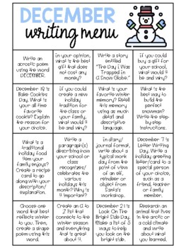 Preview of DECEMBER WRITING MENU, DECEMBER WRITING PROMPTS, WINTER HOLIDAY WRITING NO PREP