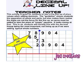 Preview of DECIMAL LINE UP - ADDING AND COMPARING DECIMALS THE SMART WAY