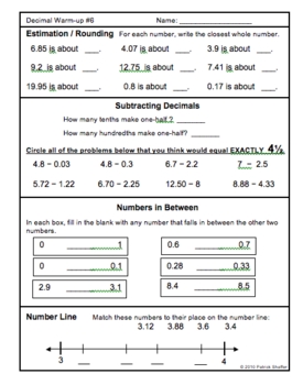 decimals number sense warm up activities set of 7 pages plus keys