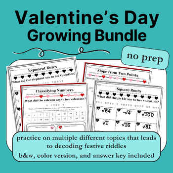 Preview of DECODE MATHEMATICS Solve the RIDDLE VALENTINE'S DAY Practice {GROWING BUNDLE}
