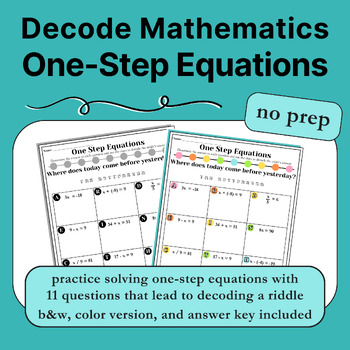Preview of DECODE MATHEMATICS with ONE STEP EQUATIONS Solve the RIDDLE Practice {NO PREP}