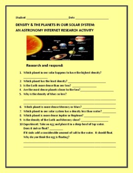 DENSITY AND THE PLANETS: A RESEARCH INTERNET ACTIVITY: GRS. 5-12,/MG