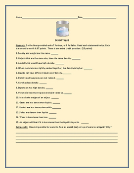 Preview of DENSITY QUIZ - WITH ANSWER KEY-GRADES 4-8