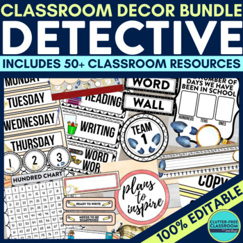 Preview of DETECTIVE Classroom Decor Bundle MYSTERY Theme secret agent Decorations Editable