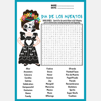 DIA DE LOS MUERTOS word search puzzle worksheet, day of the dead word ...