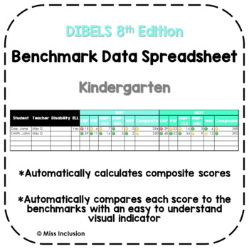 Preview of DIBELS 8 Benchmark Data Spreadsheet with Built-In Formulas - Kindergarten