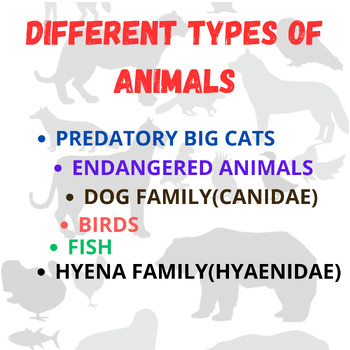 Preview of DIFFERENT TYPES OF ANIMALS(BIG CATS,ENDANGERED ANIMALS,DOGS,BIRDS,FISH,HYENA )