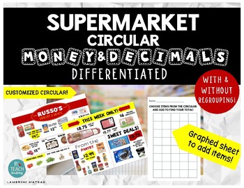 Preview of DIFFERENTIATED Full Color Supermarket Circular Math: Money/Decimals