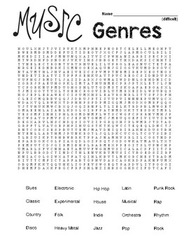 difficult music genres word search and coloring page sub plan use