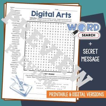 Preview of DIGITAL ARTS Word Search Puzzle Activity Vocabulary Worksheet Secret Message