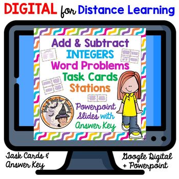Preview of DIGITAL Add and Subtract Integers Word Problems Task Card Stations Answer KEY
