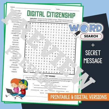 Preview of DIGITAL CITIZENSHIP Word Search Puzzle Activity Vocabulary Worksheet Secret Code