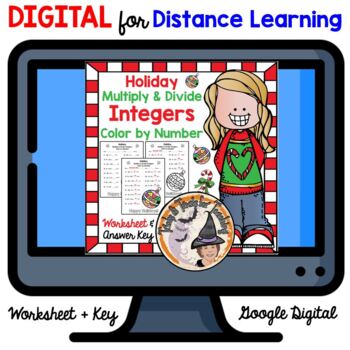 Preview of DIGITAL Christmas Math Multiply Divide Integers Color by Number 6th 7th Holiday
